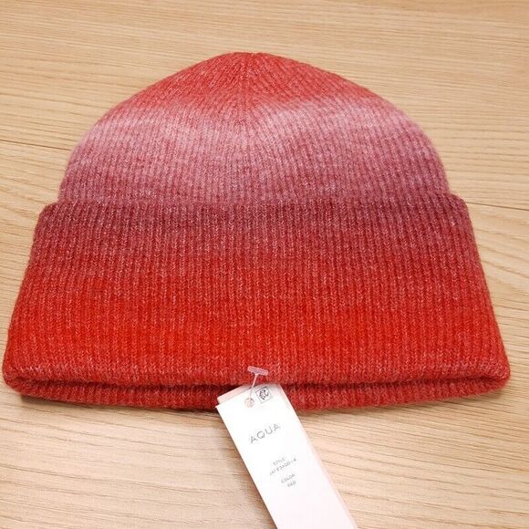 AQUA Beanie Hat Womens Red Ombre Stripe Space Dye Ribbed Cuff Stretch $68 - Picture 3 of 5